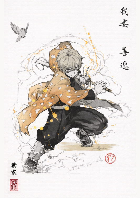 Demon Slayer Zenitsu Ink Wash Poster Print | Premium Wall Art