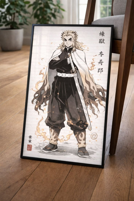 Demon Slayer Rengoku Ink Wash Poster Print | Premium Wall Art