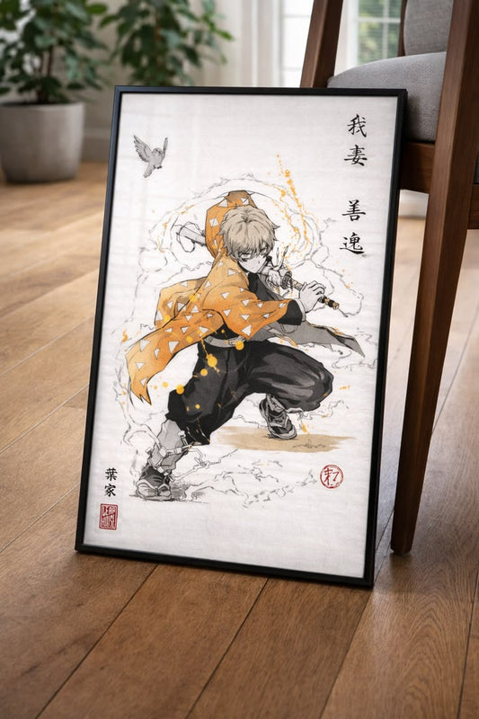 Demon Slayer Zenitsu Ink Wash Poster Print | Premium Wall Art